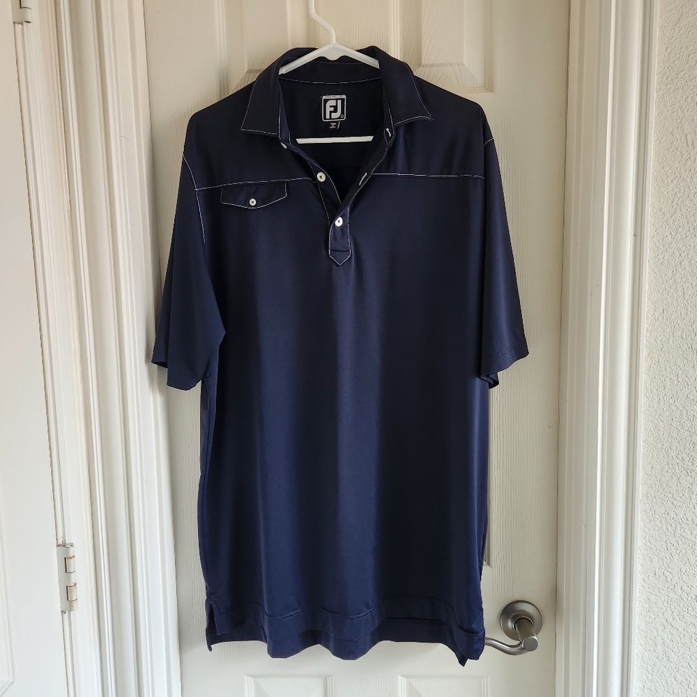 Footjoy Athletic Fit Polo Golf‎ Shirt Men L Navy Blue White Stitching Accent